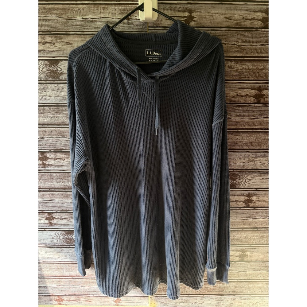 LL Bean Women's Waffle Knit Hooded Long-Sleeved Top Size 1X Plus Dark Navy Blue